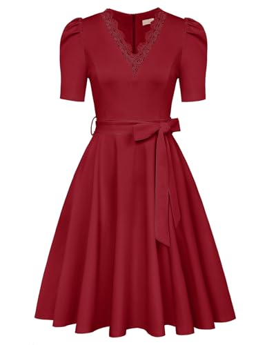 Belle Poque Damen 50s 60s A-Linie Kleid mit Gürtel Kurzarm V-Ausschnitt Vintage Swing Partykleid Dunkelrot BP0876-02 XL von Belle Poque