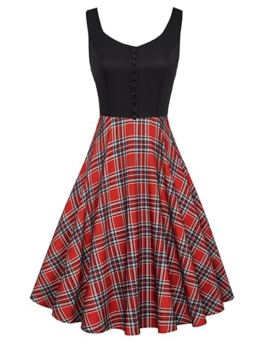 Belle Poque Damen 50s Retro Swing Kleid Ärmellos V-Neck Cocktailkleid für Party Rot-Schwarz Karomuster S von Belle Poque