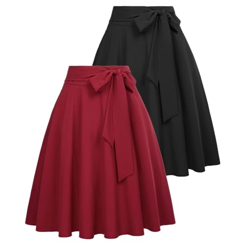 Belle Poque Damen A-Linie Rock Hoher Taille Rockabilly Midi Rock mit Taschen und Gürtel von Belle Poque