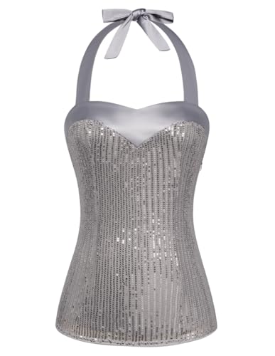 Belle Poque Damen Ärmellos Neckholder Pailletten Oberteil Glitzer Party Tops Grau M von Belle Poque