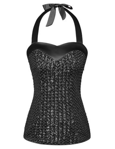 Belle Poque Damen Ärmellos Neckholder Pailletten Oberteil Glitzer Party Tops Schwarz M von Belle Poque