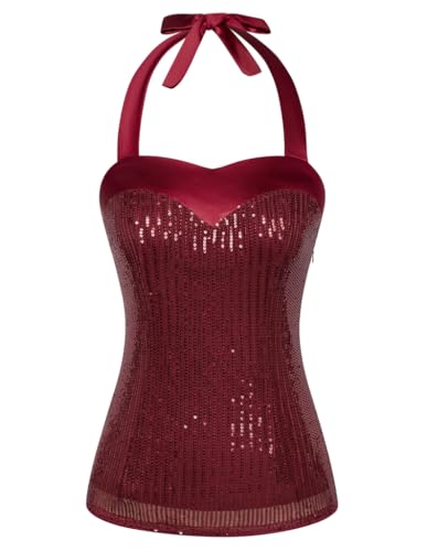 Belle Poque Damen Ärmellos Neckholder Pailletten Oberteil Glitzer Party Tops Weinrot M von Belle Poque