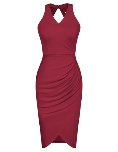 Belle Poque Damen Ärmelloses V Ausschnitt Neckholder Kleid Crossover Saum Hüftiges Wickelkleid Dunkelrot L von Belle Poque