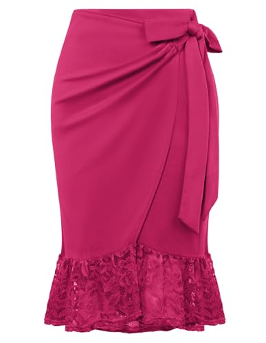 Belle Poque Damen Bleistiftrock für die Arbeit Spitze Saum Fliege Ruch Slim Fit Bodycon Rock für Ausgehen Tiefes Rosa BP0915-05 M von Belle Poque