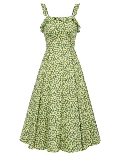Belle Poque Damen Blumenkleid Sommer Midi Baumwolle Kleid viktorianischen Kleid Lässig Grün Blumen Sonne Kleid BP0922-02 M von Belle Poque