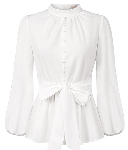 Belle Poque Damen Bluse Langarm Laternenärmel Stehkragen mit Schleife Oberteile Tops mit Rüschen Weiß L von Belle Poque