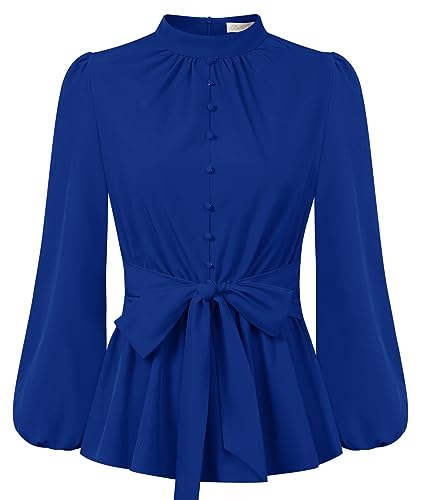 Belle Poque Damen Bluse Langarm Stehkragen High Waist mit Schleife Oberteile Tops mit Rüschen Blau M von Belle Poque