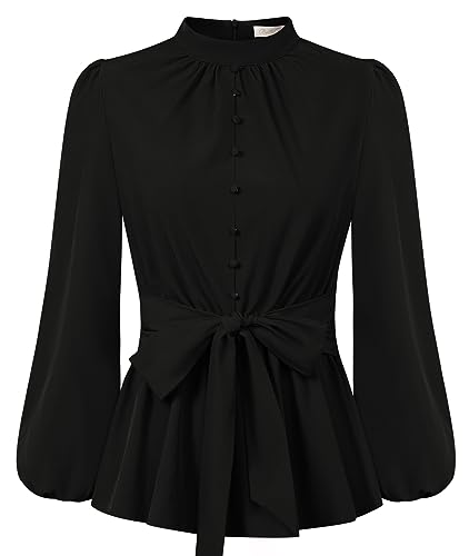 Belle Poque Damen Bluse Langarm Stehkragen High Waist mit Schleife Oberteile Tops mit Rüschen Schwarz M von Belle Poque