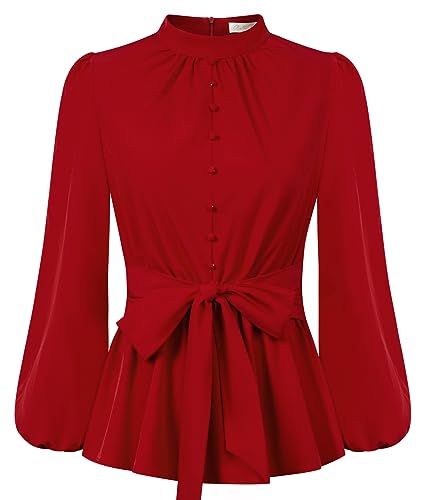 Belle Poque Damen Bluse Langarm Stehkragen mit Schleife Oberteile mit Rüschen Weihnachtsbluse Büro Weinrot S von Belle Poque