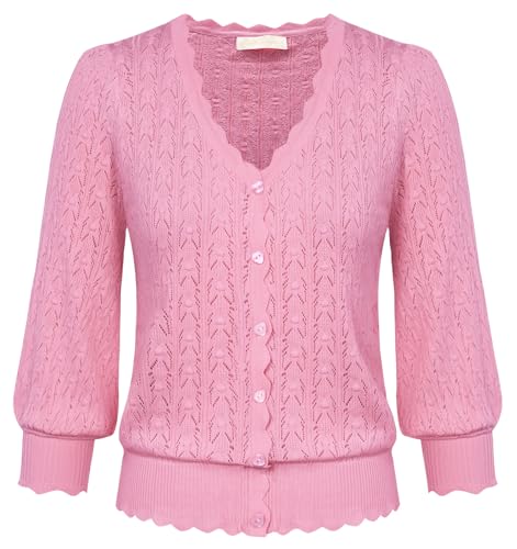 Belle Poque Damen Bolero Festlich 3/4 Arm V-Ausschnitt Strickjacke Kurz Cardigan Vintage Rosa M von Belle Poque