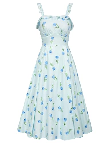 Belle Poque Damen Casual Blau Floral Kleid Quadratischer Ausschnitt Gesmokter Rücken Slim Fit A-Linie Midi Victorian Flowy Sun Dress BP0922-04 L von Belle Poque