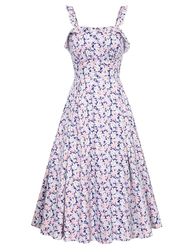 Belle Poque Damen Casual Blau Floral Kleid Ruch Front Spaghetti Träger A-Linie Midi Victorian Flowy Sun Kleid BP0922-03 M von Belle Poque