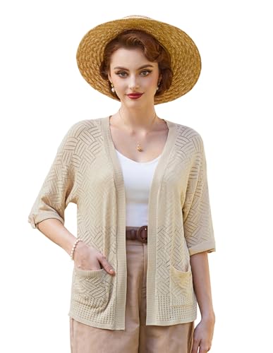 Belle Poque Damen Casual Stretchy Cardigan Kurz Strickmantel Freizeitjacke Hollowed-Out Strickjacke Casual Kurzarm Strickjacke Beige M BP0901S24-04 von Belle Poque