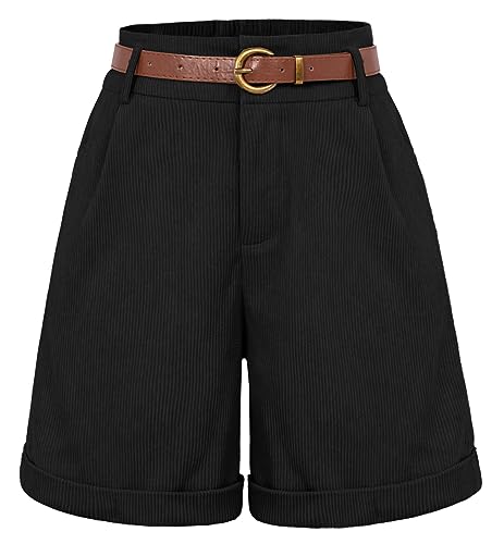 Belle Poque Damen Cord Hose mit Gürtel Casual Weitem Bein Shorts Schwarz S von Belle Poque