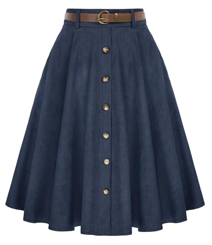 Belle Poque Damen Cord Röcke Hohe Taille A-Linie Swing Rock mit Gürtel&Taschen Marineblau 2XL von Belle Poque