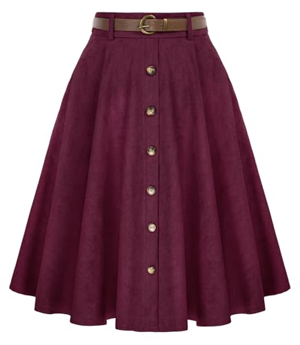 Belle Poque Damen Cord Röcke Hohe Taille A-Linie Swing Rock mit Gürtel&Taschen Weinrot XL von Belle Poque