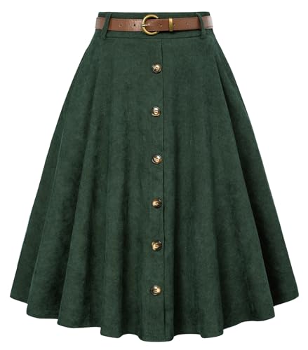 Belle Poque Damen Cordrock mit Gürtel elastisch hohe Taille ausgestellte A-Linie Midi Rock von Belle Poque