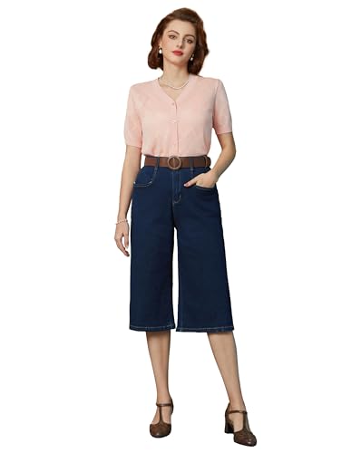 Belle Poque Damen Cropped Pants Elegante Büro Hose Retro Capris Cropped Hose Freizeit Hohe Taille Hose Elegante Capri Hose Casual Hose Dunkelblau S BP0938S24-01 von Belle Poque