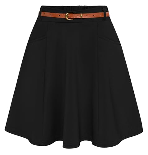 Belle Poque Damen Einfarbig Skaterrock mit Gürtel Hohe Taille Aufgeweitet A-Linie Minirock für den Täglichen Schwarz BP0956-01 L von Belle Poque