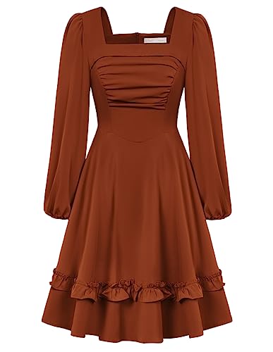 Belle Poque Damen Einfarbig Vintage Langarm Kleid A-Linie Cocktailkleid Braun XXL von Belle Poque