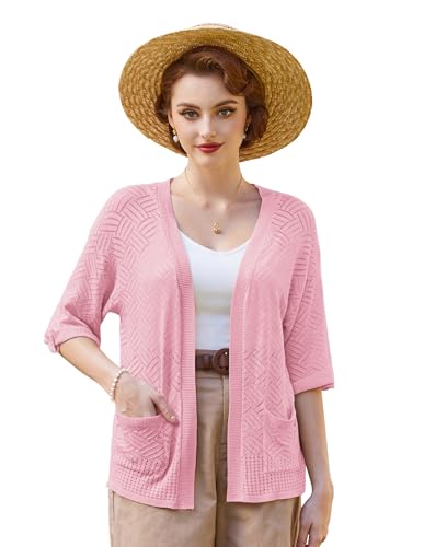 Belle Poque Damen Elegant Casual Strickjacke Strickpullover Leichte Strickjacke Hollowed-Out Strickjacke Casual Kurzarm Strickjacke Hellrosa S BP0901S24-03 von Belle Poque