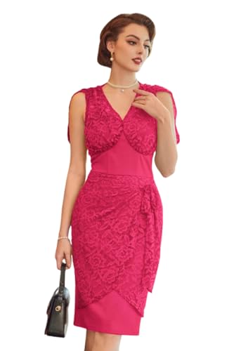 Belle Poque Damen Elegant Cocktailkleid V-Ausschnitt Spitzenkleid Knielang Party Abendkleider Spitze Patchwork Bleistiftkleider mit V-Ausschnitte Dunkelrosa S BP0884S24-03 von Belle Poque