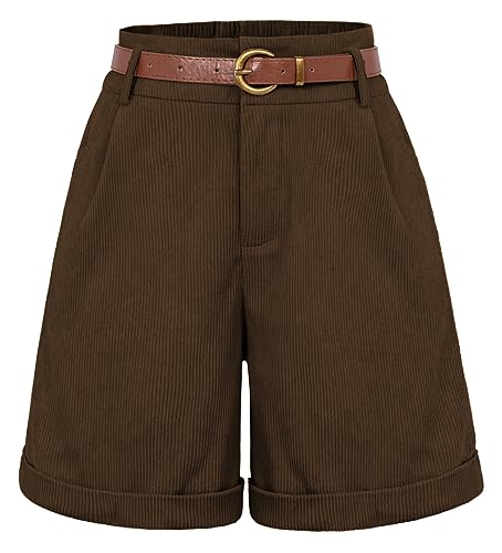 Belle Poque Damen Elegant Loose Breites Bein Cord Shorts mit Gürtel Dunkelbraun XL von Belle Poque