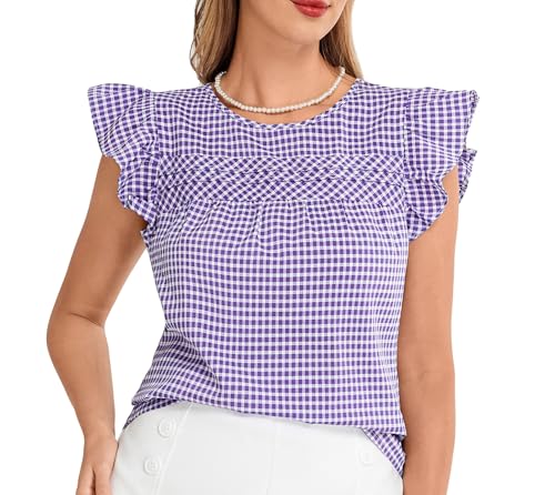 Belle Poque Damen Elegant Oberteile Retro Regular Fit Plaid Mit KnöPfen Blusenshirt Lila und Weiß S von Belle Poque