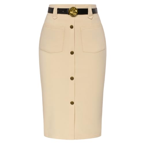 Belle Poque Damen Elegant Retro Bleistiftrock Khaki Winter Gerader Rock High Waist Skirt Figurbetonter Rock mit Gürtel Weihnachten BP0782A23-05_00M von Belle Poque