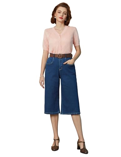 Belle Poque Damen Elegante 3/4 Jeans mit Taschen Hohe Taille Jeans mit Gürtel Business Hose Elegante Capri Hose Casual Hose Deminblau XL BP0938S24-02 von Belle Poque