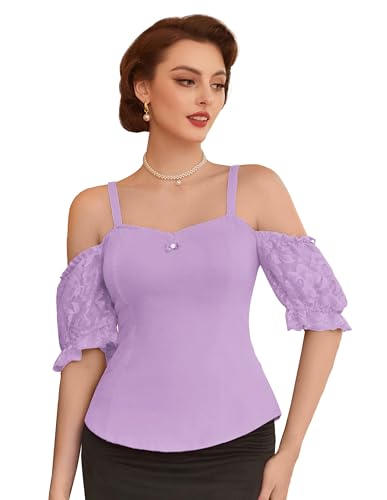 Belle Poque Damen Elegante Cami Casual Blusen Tuniken Kurzarm Top Baumwolle Kurzarm Top Aus Baumwolle Elegantes Spitzentop Pink Lila M BP0889S24-04 von Belle Poque