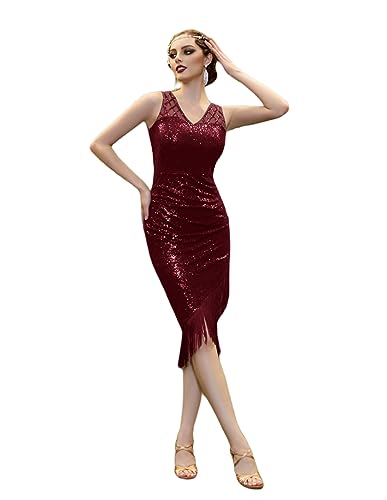 Belle Poque Damen Elegante Fransen Flapper Kleid Gatsby Pailletten Kleider Vintage Pailletten Kleider Weinrot XXL BP0759A23-02 von Belle Poque