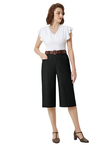 Belle Poque Damen Elegante Freizeithose mit Tasche Hohe Taille Hose mit Gürtel Elegante Capri Hose Casual Hose Schwarz L BP0907S24-03 von Belle Poque