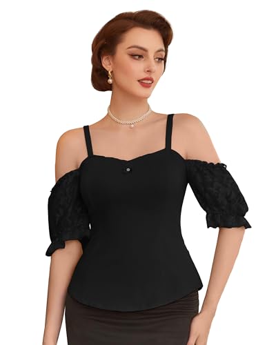 Belle Poque Damen Elegante Spaghetti Top Slim Fit Cami Tops Einfarbig Tops Camisole Top Aus Baumwolle Elegantes Kurzarm Spitzentop Schwarz 2XL BP0889S24-01 von Belle Poque