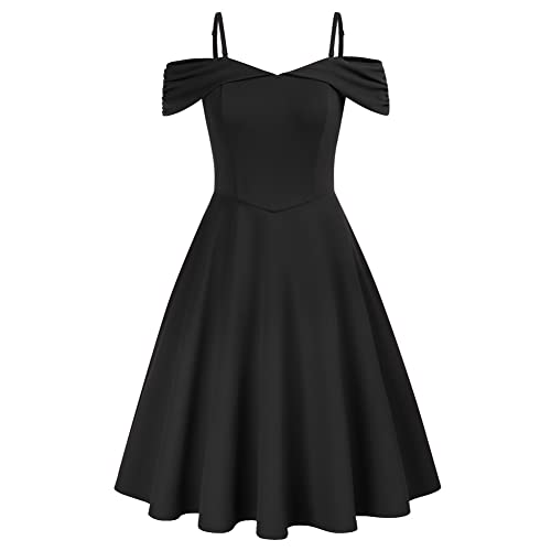 Belle Poque Damen Elegantes Hochzeit Gast Kleid Schulterfrei V-Ausschnitt Spaghetti Riemen A-Linie Midi Kleid Schwarz BP0720-01 M von Belle Poque