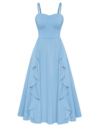 Belle Poque Damen Färmelloses Vintage Kleid Lässiges Strapskleid Rüschenkleid Hellblau S von Belle Poque