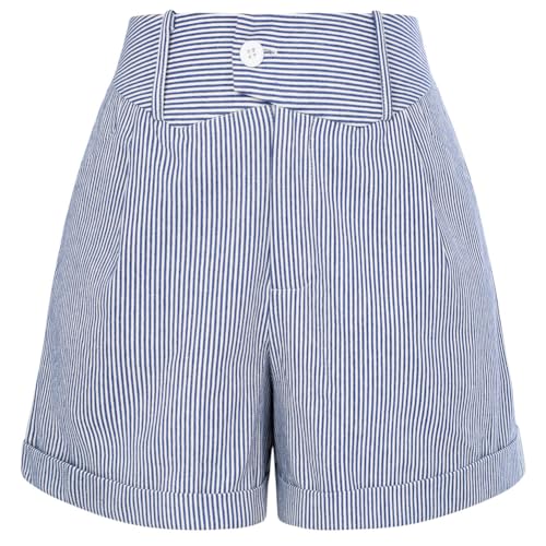 Belle Poque Damen Gestreifte Beach Shorts Sommer Casual Shorts mit Tasche Blaue Streifen L von Belle Poque