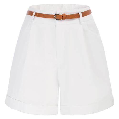 Belle Poque Damen Hohe Taille Lässige Shorts Baumwollshorts mit Gürtel Elastischer hinterer Bund Hochgeklappte Beinöffnung Lässige Shorts Kurze Hosen Entspannte A-Linie Passform Sommerhosen Weiß S von Belle Poque