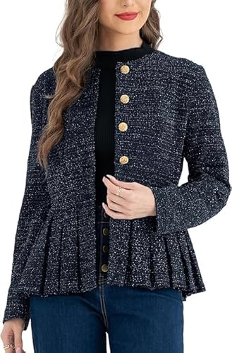 Belle Poque Damen Jacken Schößchen Kragenlos Rundhalsausschnitt Button Down Rüschensaum Jacke Casual Arbeit Büro Blazermantel von Belle Poque