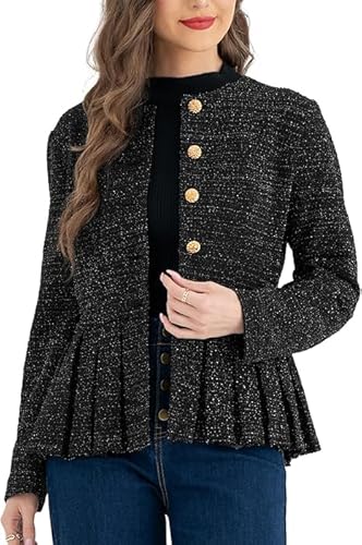 Belle Poque Damen Jacken Schößchen Kragenlos Rundhalsausschnitt Button Down Rüschensaum Jacke Casual Arbeit Büro Blazermantel von Belle Poque