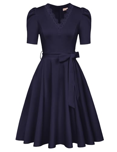 Belle Poque Sommerkleid für Frauen Kurze Ärmel definierte Taille A-Linie Plissee-Kleid mit Gürtel für den täglichen Marineblau BP0876-03 XL von Belle Poque