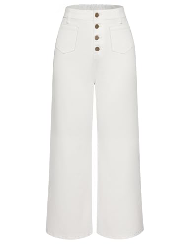 Belle Poque Damen Jeans Baggy High Waist Weite Hose Casual Bootcut Jeans mit Knopfleiste Freizeit Weiß M von Belle Poque