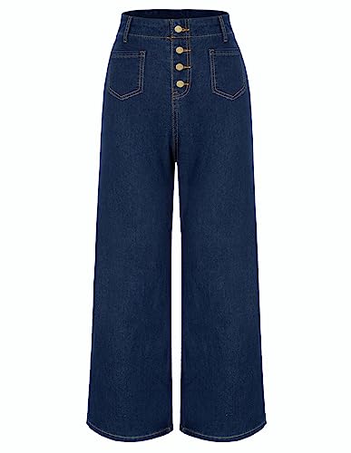 Belle Poque Damen Jeans High Waist Weites Bein Baggy Palazzo Hose mit Knopfleiste Party Freizeit Dunkelblau XXL von Belle Poque