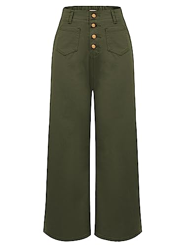 Belle Poque Damen Jeans Weite Hose Baggy High Waist Schlaghose mit Knopfleiste Party Büro Armeegrün XL von Belle Poque