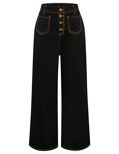 Belle Poque Damen Jeans Weite Hose Baggy High Waist Schlaghose mit Knopfleiste Party Büro Schwarz XL von Belle Poque