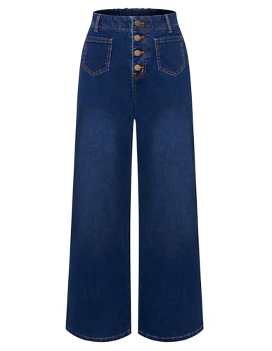 Belle Poque Damen Jeans Weite Hose Baggy High Waist Schlaghose mit Knopfleiste Party Freizeit Matt Dunkelblau S von Belle Poque
