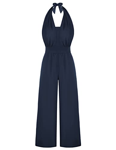 Belle Poque Damen Jumpsuit Elegant Ärmellos V-Ausschnitt Overall Hosenanzug Party Sommer Business Navy Blau XXL von Belle Poque