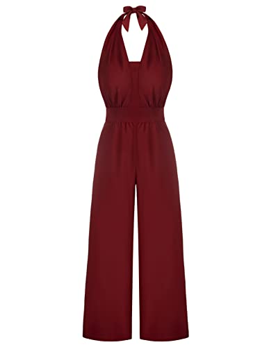 Belle Poque Damen Jumpsuit Elegant Rückenfrei V-Ausschnitt High Waist Hosenanzug Party Hochzeit Weinrot S von Belle Poque