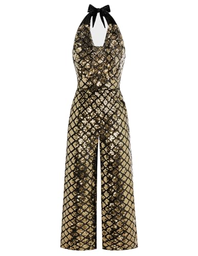 Belle Poque Damen Jumpsuit Festlich Ärmellos V-Ausschnitt Overall mit Pailletten Hosenanzug Party Cocktail Gold XXL von Belle Poque