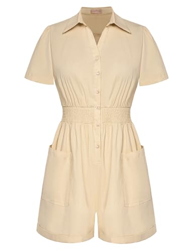 Belle Poque Damen Jumpsuit Kurz Hosenanzug Overall Elegant Einteiler Kurzarm Strampler Sommer Khaki XXL von Belle Poque